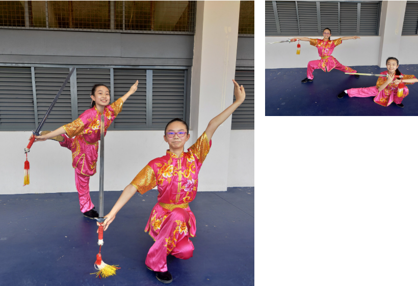 A montage of two pictures showing two primary school girls dressed in pink short sleeves costume with long pants with a sash tied to their waist, posing various art forms with swords in hands.